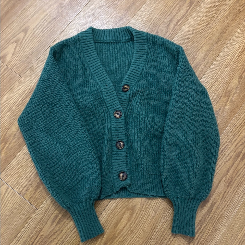 SHEIN Deep Teal Button-Up V-Neck Knit Cardigan